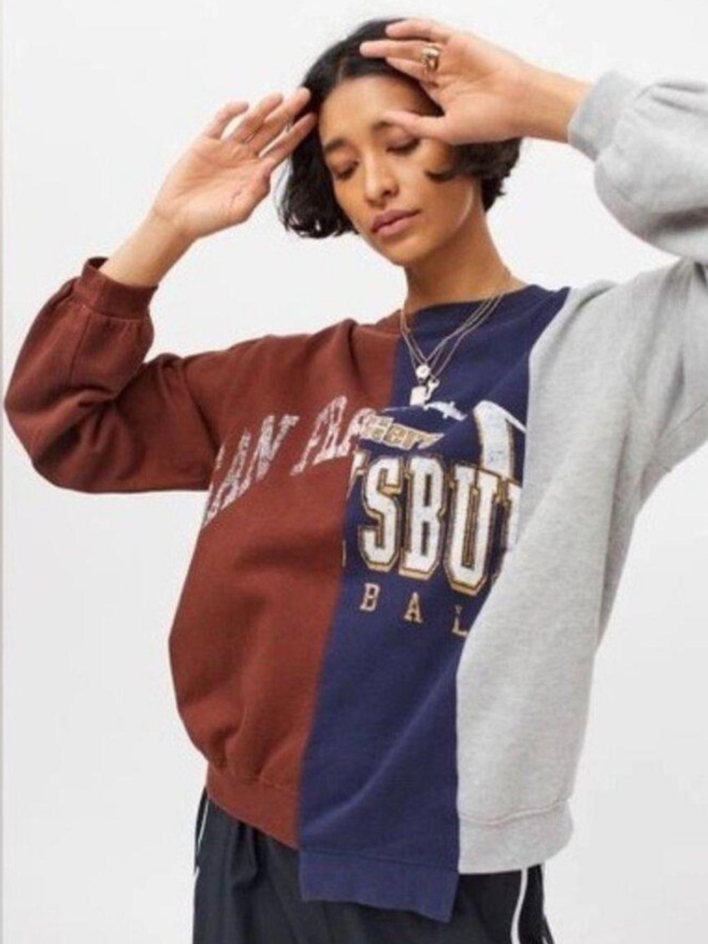 Urban Outfitters Colorblock Crewneck Sweatshirt — Brown, Navy & Light Gray